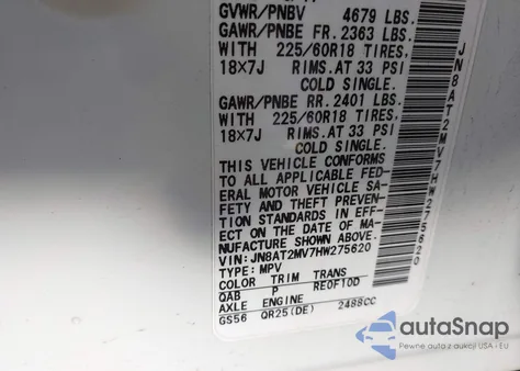 2017 Nissan Rogue Sl z USA, uszkodzony, nr VIN JN8AT2MV7HW275620